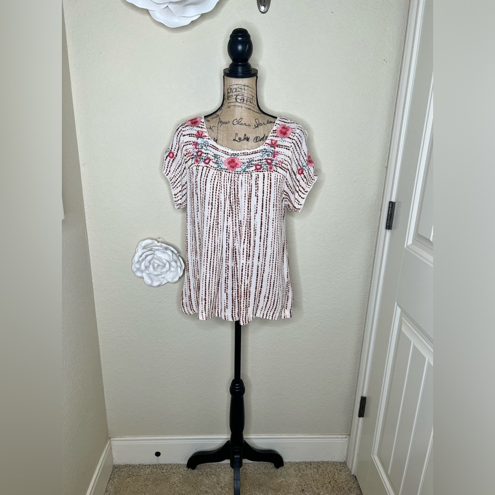 NTM: Savanna Jane Dot Striped Floral Embroidered Peasant Blouse Sz Large - Picture 2 of 15